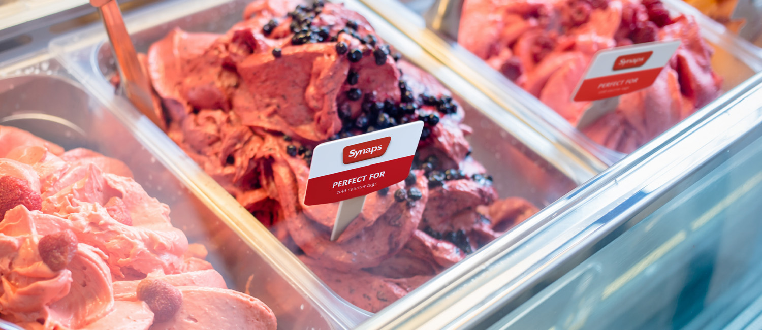SYNAPS synthetic paper used for a product tag for gelato in a grocery store